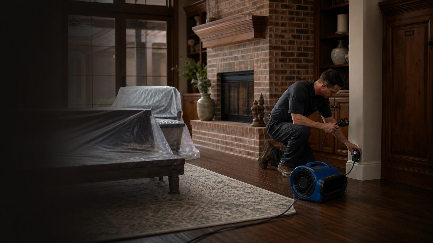 Water damage response equipment in a Fort Worth property