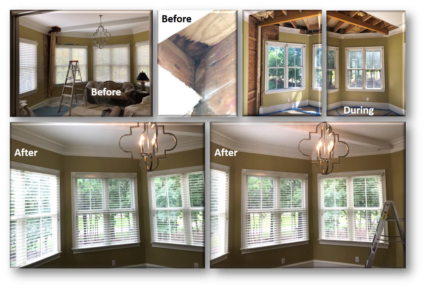 Illustrative before-and-after view of water-damaged materials and a restored interior